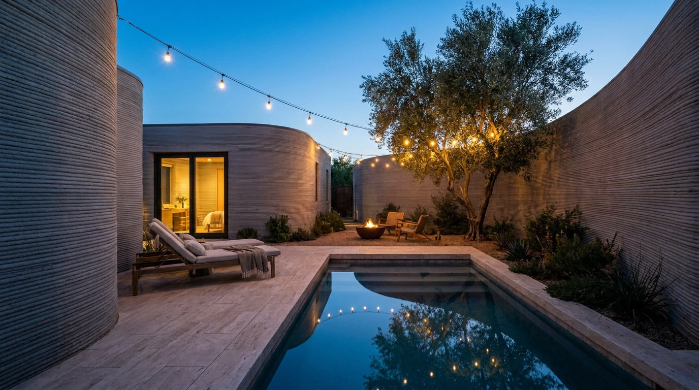 Printed home courtyard with glazing installed