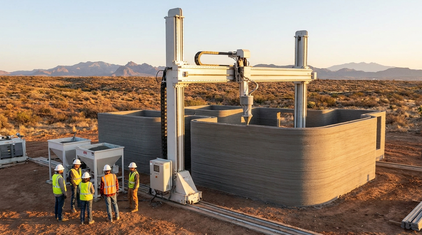 Gantry printer printing concrete walls at dawn